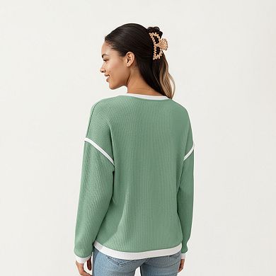 Women's Long Sleeve Knit Top with Contrast Trim and Relaxed Fit