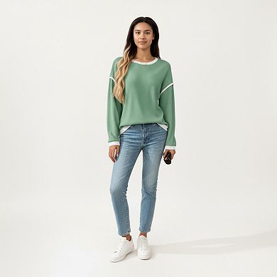 Women's Long Sleeve Knit Top with Contrast Trim and Relaxed Fit
