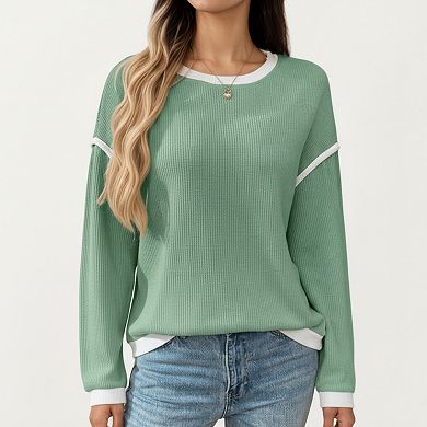 Women's Long Sleeve Knit Top with Contrast Trim and Relaxed Fit