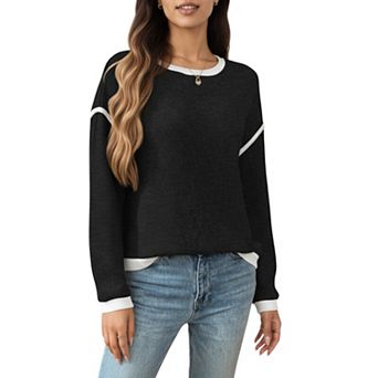 Women's Long Sleeve Knit Top with Contrast Trim and Relaxed Fit