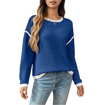 Women's Long Sleeve Knit Top with Contrast Trim and Relaxed Fit