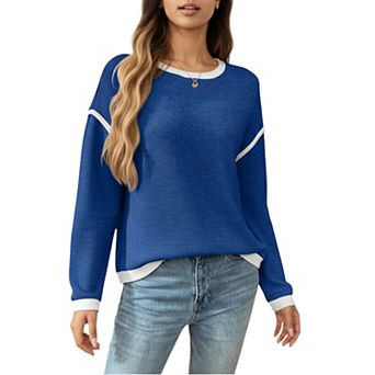 Women's Long Sleeve Knit Top with Contrast Trim and Relaxed Fit