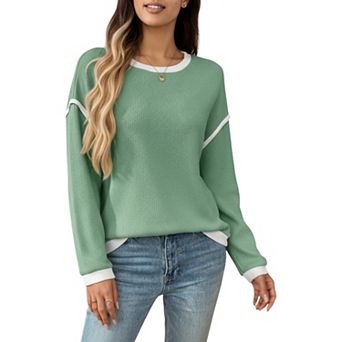 Women's Long Sleeve Knit Top with Contrast Trim and Relaxed Fit