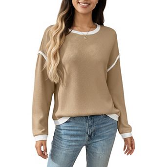 Women's Long Sleeve Knit Top with Contrast Trim and Relaxed Fit