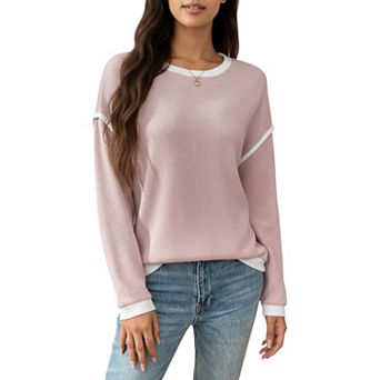 Women's Long Sleeve Knit Top with Contrast Trim and Relaxed Fit