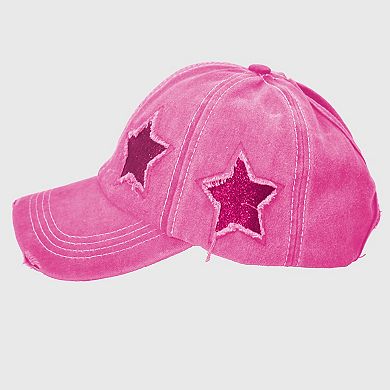 Women's Distressed Baseball Cap with Glitter Star Patches
