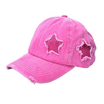 Women's Distressed Baseball Cap with Glitter Star Patches