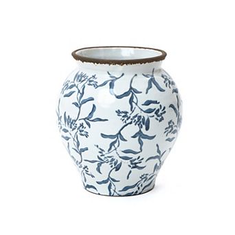 LuxenHome Handmade Blue Floral Wide-Mouth Waterproof Ceramic Vase, 9.25" Round Indoor Home Decor