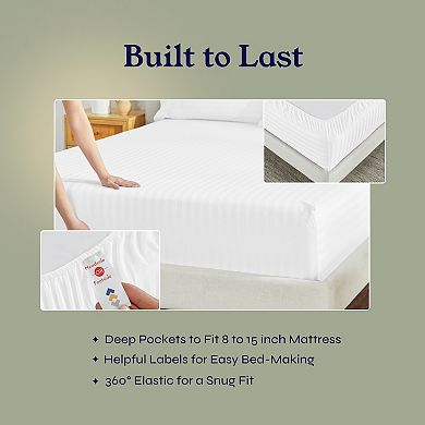 California Design Den Stripe Fitted Sheet Only - 500 Thread Count, 100% Cotton Sateen, Deep Pockets