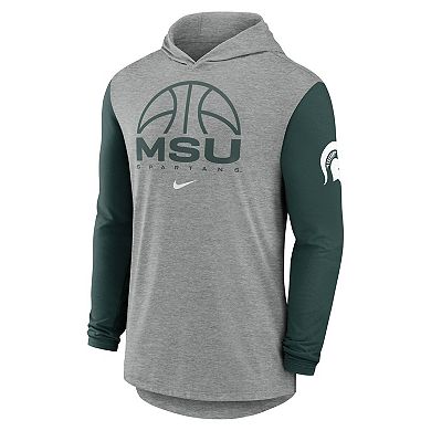 Men's Nike Gray/Green Michigan State Spartans Basketball Color-Block Tri-Blend Dri-FIT Long Sleeve Hoodie T-Shirt
