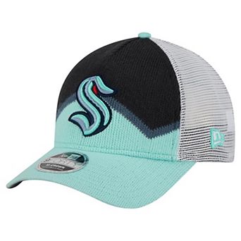 Men's New Era Light Blue/Deep Sea Blue Seattle Kraken Hockey Sock 9FORTY A-Frame M-Crown Adjustable Trucker Hat
