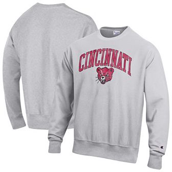 Men's Champion Gray Cincinnati Bearcats Distressed Arch Over Logo Reverse Weave Crew Neck Sweatshirt