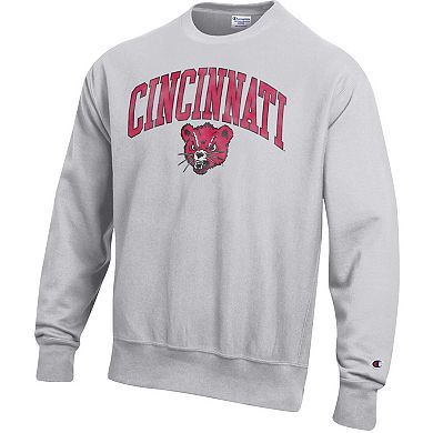 Men's Champion Gray Cincinnati Bearcats Distressed Arch Over Logo Reverse Weave Crew Neck Sweatshirt