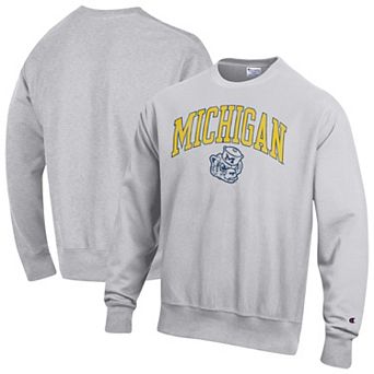 Men's Champion Gray Michigan Wolverines Distressed Arch Over Logo Reverse Weave Crew Neck Sweatshirt