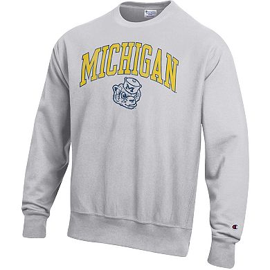 Men's Champion Gray Michigan Wolverines Distressed Arch Over Logo Reverse Weave Crew Neck Sweatshirt