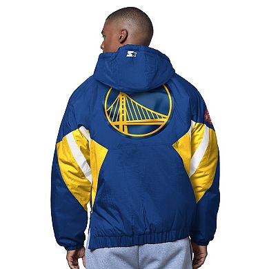 Men's Starter Royal Golden State Warriors The Line Up Oxford Crinkle Half-Zip Hooded Jacket