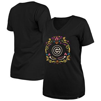 Women's New Era Black Chicago Cubs Día de los Muertos V-Neck T-Shirt