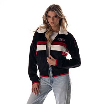 Women's The Wild Collective Black San Francisco 49ers Cropped Corduroy Full-Zip Bomber Jacket
