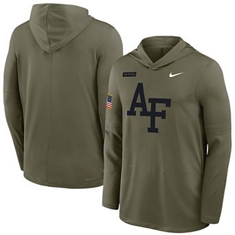 Men's Nike Olive Air Force Falcons 2025 Military Appreciation Dri-FIT Long Sleeve Hoodie T-Shirt