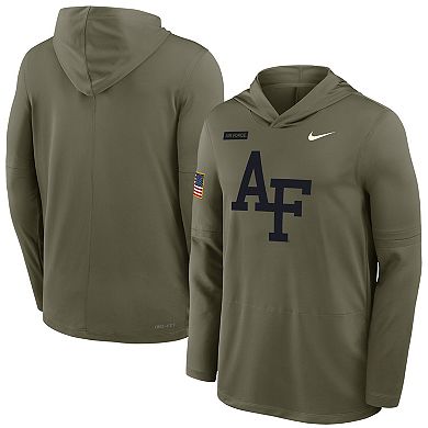 Men's Nike Olive Air Force Falcons 2025 Military Appreciation Dri-FIT Long Sleeve Hoodie T-Shirt