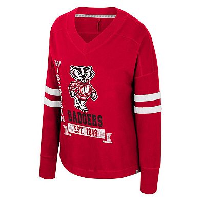 Women's Colosseum Red Wisconsin Badgers Oversized Violet Distressed V-Neck Long Sleeve T-Shirt