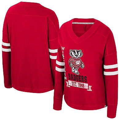 Women's Colosseum Red Wisconsin Badgers Oversized Violet Distressed V-Neck Long Sleeve T-Shirt