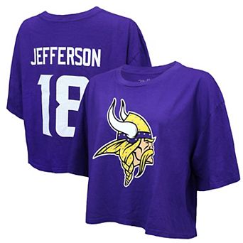 Women's Majestic Threads Justin Jefferson Purple Minnesota Vikings Swarovski Crystals Boxy Cropped Name & Number T-Shirt