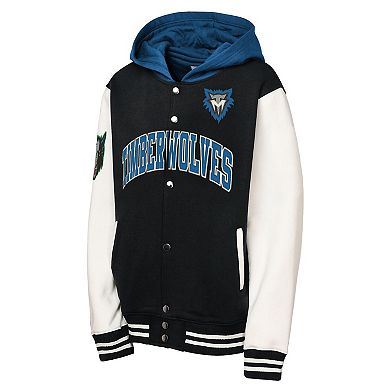 Youth Mitchell & Ness Black Minnesota Timberwolves Hardwood Classics Courtside Fleece Full-Snap Hooded Jacket
