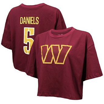 Women's Majestic Threads Jayden Daniels Burgundy Washington Commanders Swarovski Crystals Boxy Cropped Name & Number T-Shirt