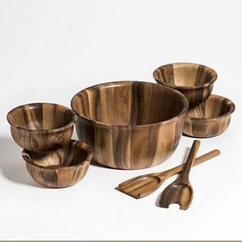 Acacia Wood Tulip Salad Bowl with Servers and 4 Individuals