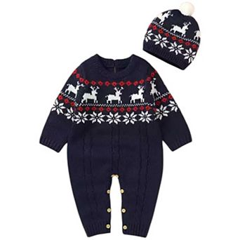 Baby Boys Christmas Fair Isle Romper with Pom Hat