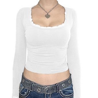 Women's Slim Fit Crop Tops Long Sleeve T-Shirt Lace Trim Square Neck