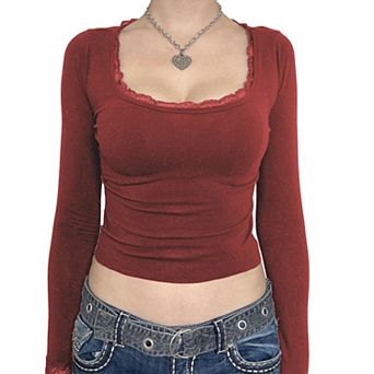 Women's Slim Fit Crop Tops Long Sleeve T-Shirt Lace Trim Square Neck
