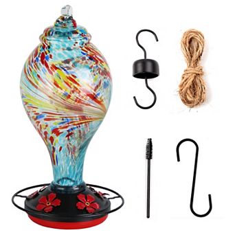 Glass Hummingbird Feeder, 33 oz Hand-Blown Feeder with 5 Flower Ports, Red