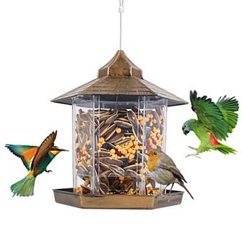Hanging Gazebo Wild Bird Feeder, Large Capacity with 6 Feeding Ports, Brown