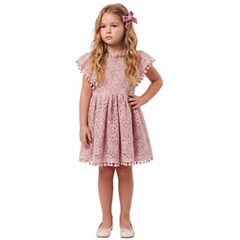 2Bunnies Girls’ Vintage Lace Pom Pom Trim Flutter Sleeve Party Dress