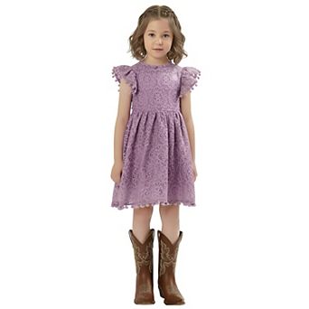 2Bunnies Girls’ Vintage Lace Pom Pom Trim Flutter Sleeve Party Dress