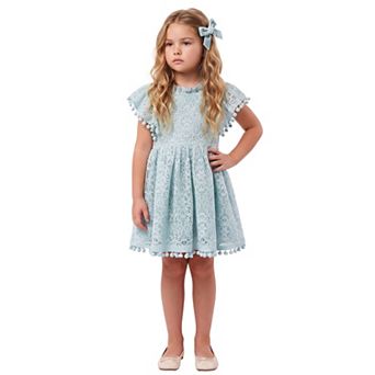 2Bunnies Girls’ Vintage Lace Pom Pom Trim Flutter Sleeve Party Dress