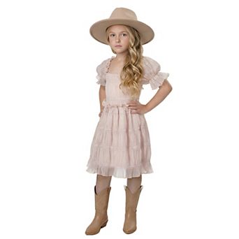 2Bunnies Girls' Vintage Boho Rustic Puff Sleeve Textured Ruffle Tiered Dress