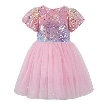 2Bunnies Girls’ Ombre Sequin Puff Sleeve Dress with Glitter Tulle Skirt