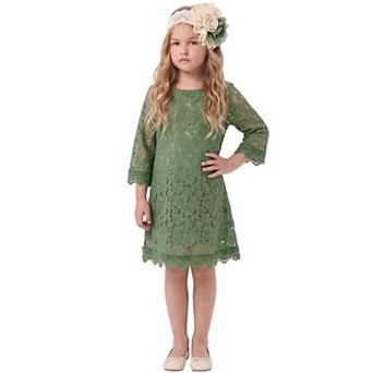 2Bunnies Girls' 2T-6Y Boho Rustic Vintage Lace Scalloped Hem 3/4 Sleeve Shift Dress
