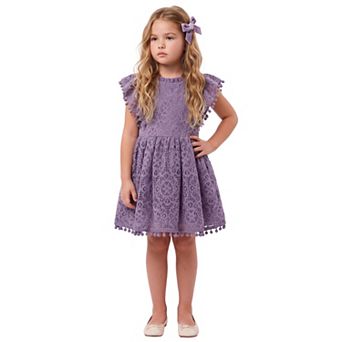 2Bunnies Girls’ Vintage Lace Pom Pom Trim Flutter Sleeve Party Dress