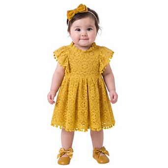 2Bunnies Girls’ Vintage Lace Pom Pom Trim Flutter Sleeve Party Dress
