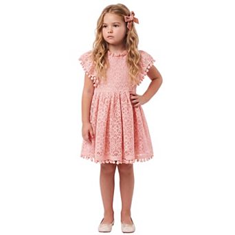 2Bunnies Girls’ Vintage Lace Pom Pom Trim Flutter Sleeve Party Dress