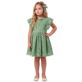 2Bunnies Girls’ Vintage Lace Pom Pom Trim Flutter Sleeve Party Dress