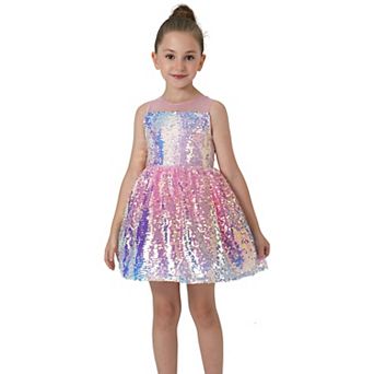 2Bunnies Girls' Illusion Neckline Sleeveless Ombre Sequin Party Dress