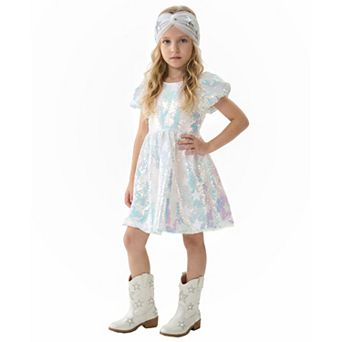2Bunnies Girls' Iridescent Star Pattern Sequin Puff Sleeve Holiday Party Dress