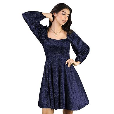 Artyska Women’s Glitter Short Puff Sleeves Square Neck Party Dress