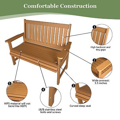 2-Seat Teak Tone HIPS All-Weather Bench Poly Lumber Outdoor Bench for Patio, Porch, Garden and Park