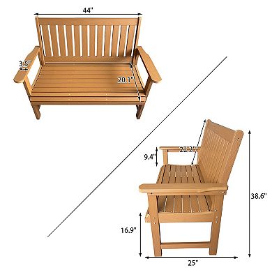 2-Seat Teak Tone HIPS All-Weather Bench Poly Lumber Outdoor Bench for Patio, Porch, Garden and Park